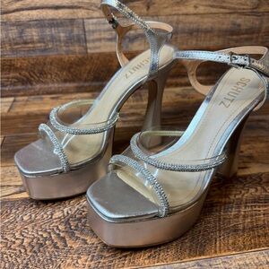 Schutz Womens Aileen Silver Platform Heels Shoes 7.5B Leather Made In Brazil